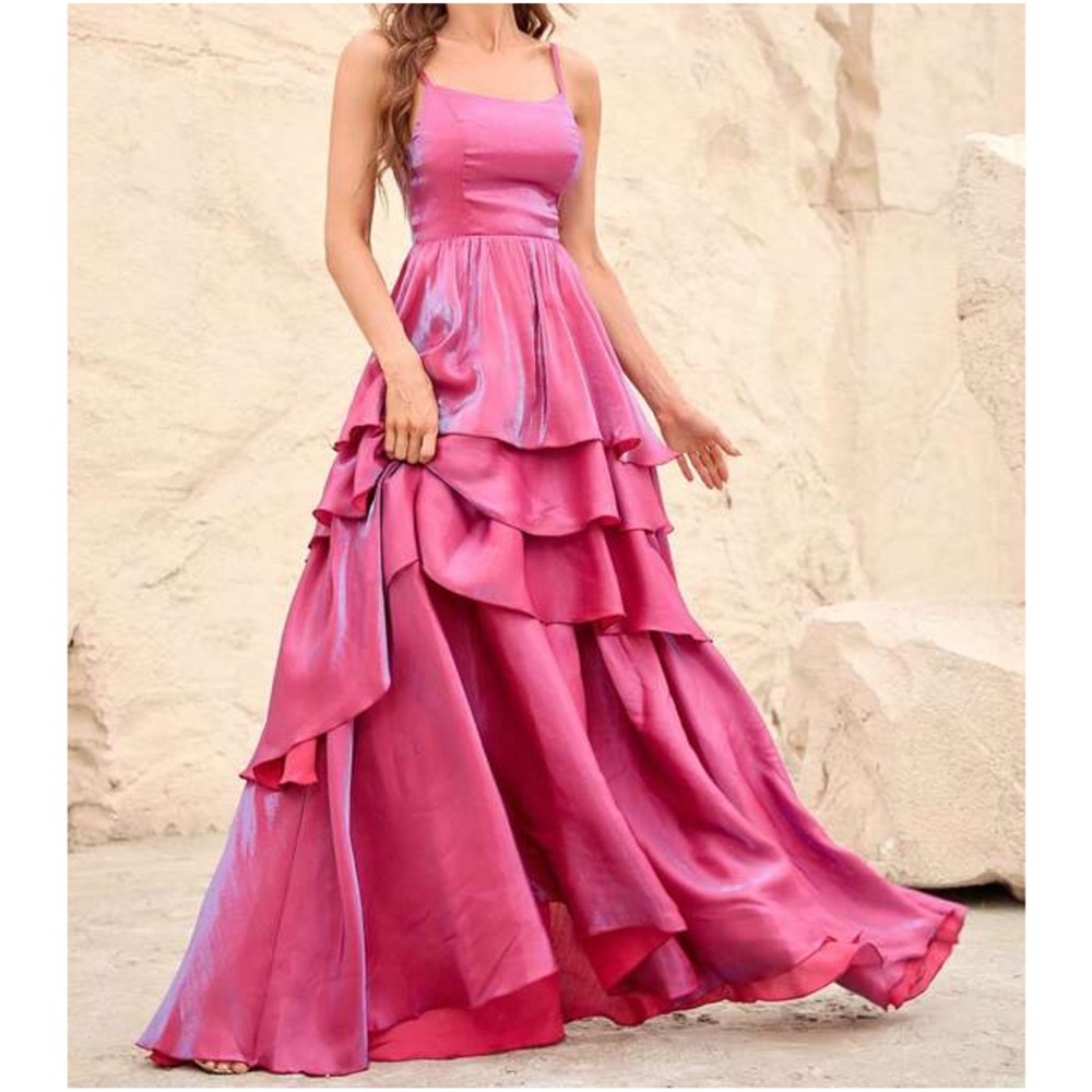 Luxe Pink Tiered Evening Formal Prom Wedding Dress